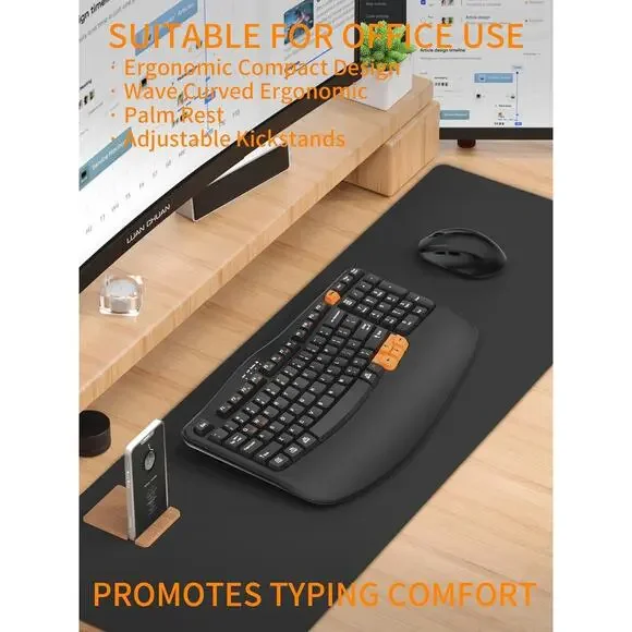 RECCAZR Ergonomic Wireless Keyboard with Wrist Rest, Wave Keys for Comfortable N - Picture 3 of 7